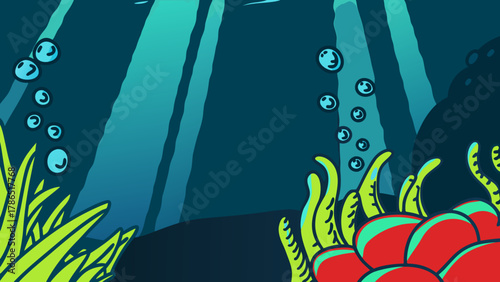 Underwater scene with light rays, bubbles, seaweed, and coral, creating an aquatic environment.