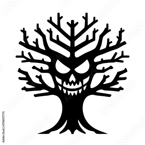 A silhouette of a dead tree with its branches towering over it, with a ghostly and threatening face or skull.
