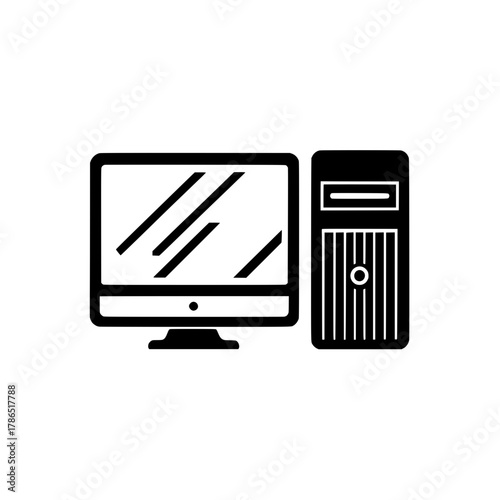 Simple black vector icon illustration depicting a desktop computer set, consisting of a flat-screen monitor and a CPU tower unit.