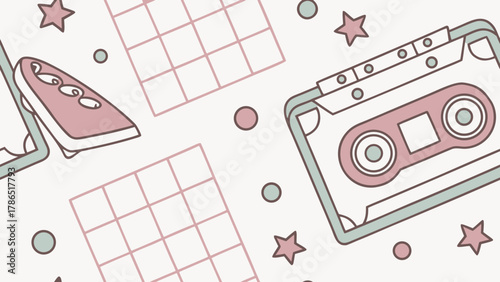 Retro-themed background featuring a cassette tape, a grid pattern, a music player, stars, and circles in pastel colors.