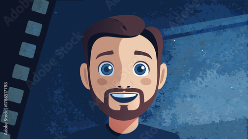 A cartoon man with a beard smiles against a dark blue background with film reel elements.