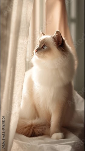beautiful ragdoll cat sitting near window