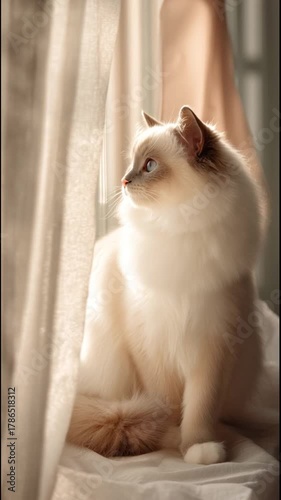 beautiful ragdoll cat sitting near window