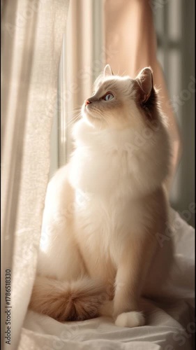 beautiful ragdoll cat sitting near window