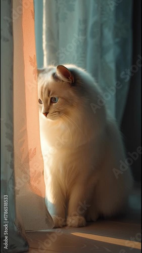 beautiful ragdoll cat sitting near window