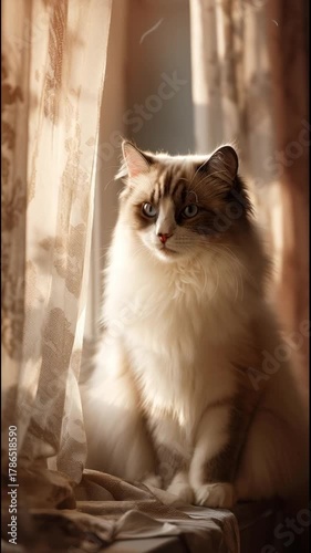 beautiful ragdoll cat sitting near window