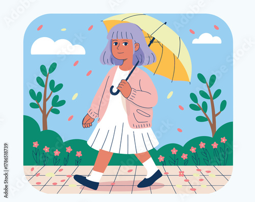 Young girl strolling with a yellow umbrella on a pleasant day Vector Illustration Design