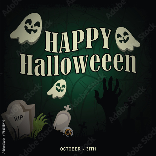 happy halloween cartoon ghosts tombstone vector , spooky zombie hand graveyard night background , october 31st retro poster banner design , creepy vintage grunge happy halloween illustration 