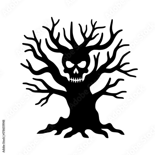 A silhouette of a dead tree with its branches towering over it, with a ghostly and threatening face or skull.