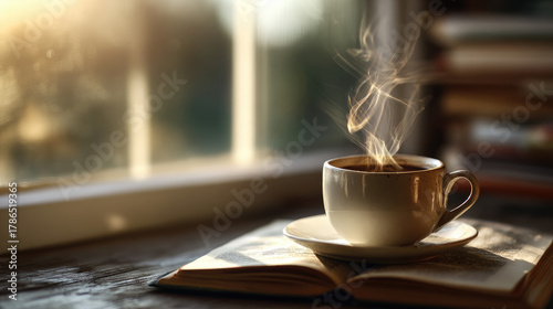 Cup of coffee steaming on w...