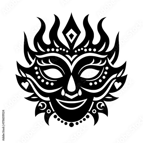Highly decorative black silhouette vector illustration of a festive or ritual mask.