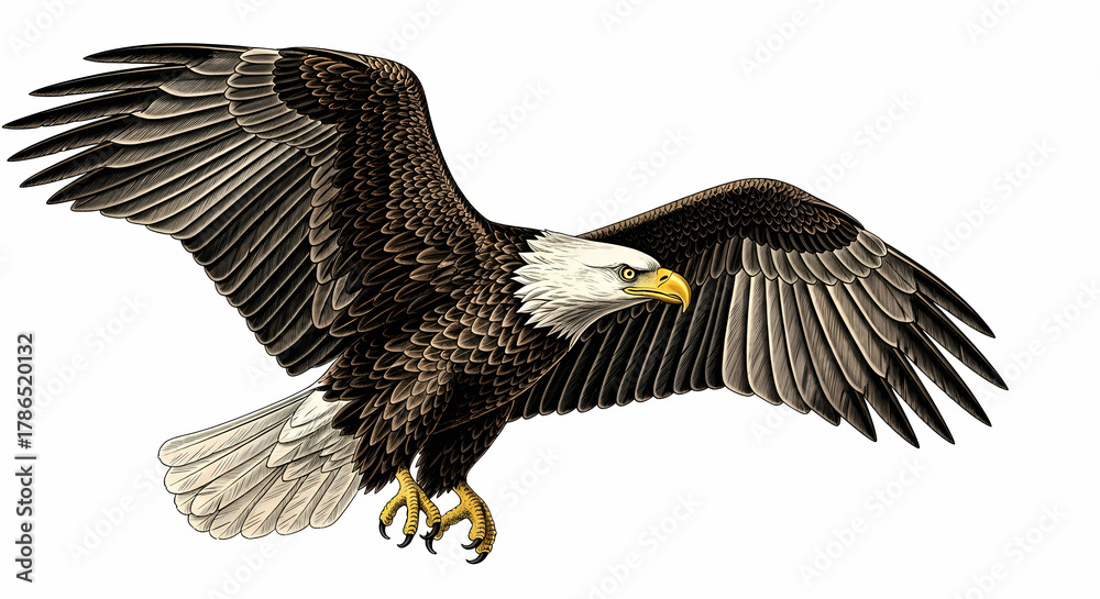 Fototapeta premium Majestic bald eagle soars with powerful wings spread wide embodying freedom strength and soaring ambition for patriotic projects