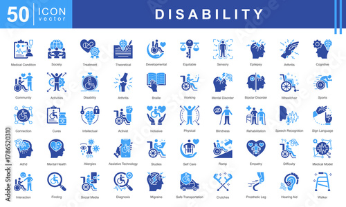 Disability icon set featuring medical condition, treatment, rehabilitation, mental health, assistive technology and sign language. Perfect for inclusion, awareness, and healthcare projects.