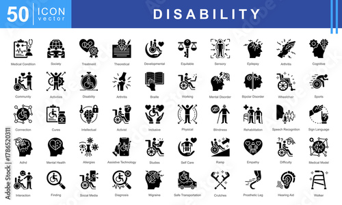 Disability icon set featuring medical condition, treatment, rehabilitation, mental health, assistive technology and sign language. Perfect for inclusion, awareness, and healthcare projects.