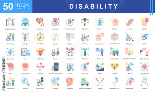 Disability icon set featuring medical condition, treatment, rehabilitation, mental health, assistive technology and sign language. Perfect for inclusion, awareness, and healthcare projects.