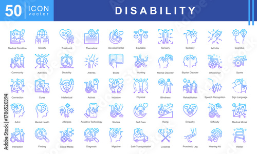 Disability icon set featuring medical condition, treatment, rehabilitation, mental health, assistive technology and sign language. Perfect for inclusion, awareness, and healthcare projects.