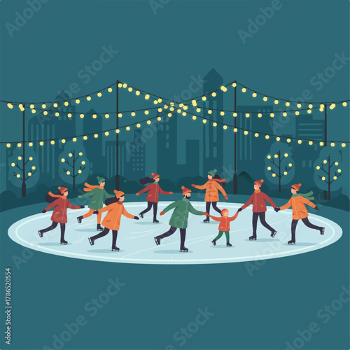 People Ice-Skating Under String Lights in City Park During Holiday Season in Flat Vector Illustration
