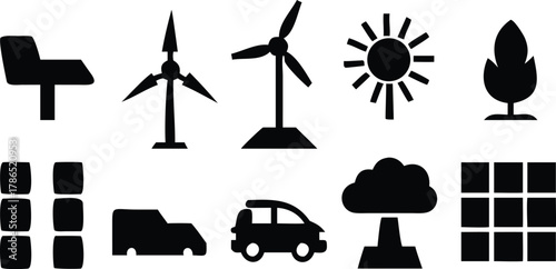 Collection of black icons for renewable energy and transport Keywords: wind turbine, sun, tree
