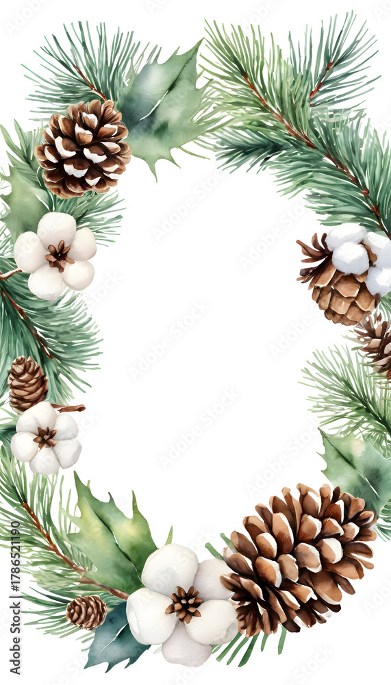 Fototapeta premium Christmas Watercolor Frames PNG Set | Festive Winter Floral Wreaths, Holiday Borders, Pine Branches, and Botanical Decorations for Greeting Cards & Invitations