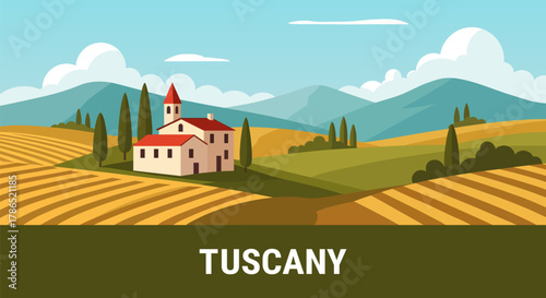 Vector Tuscany landscape. Iconic Italian countryside view with a house, cypress trees, and green, yellow rolling hills. Perfect travel and nature illustration in a flat art style