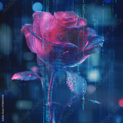 Digital rose made of binary code and light