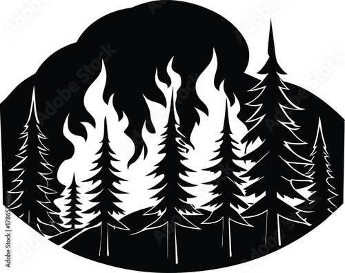 Forest Fire Scene with Smoky Trees Silhouette, Wildfire in Forest Landscape Illustration