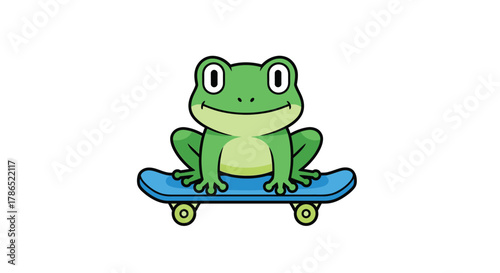 A cartoon green frog sitting on a blue skateboard with yellow wheels, isolated on a white background.