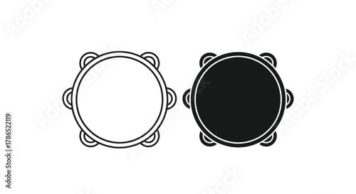 Two simple vector icons of tambourines, one outlined and one solid, representing musical instruments.
