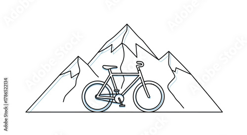 Line art illustration of a bicycle in front of mountains.