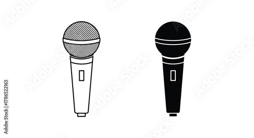 Two simple illustrations of microphones, one in outline and one solid black, representing audio recording and sound.