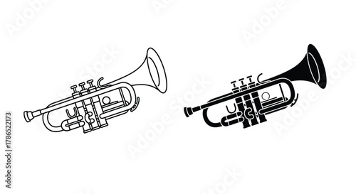 Trumpet illustrations: one in outline, one in solid black.