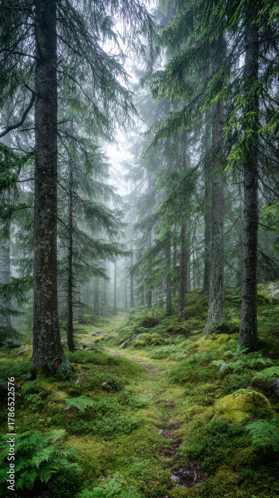 Fototapeta premium forest path winds through tall moss-covered pine trees shrouded in morning mist, creating a peaceful and mysterious natural atmosphere