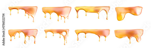 Gooey melt honey caramel oil with flow and drip syrup background. Vector set with macro texture. Yellow dessert stream for sweet product design.