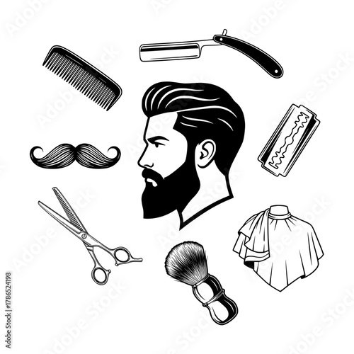A classic collection of black and white men's grooming icons, including a stylish bearded man, scissors, a straight razor, and a comb for a barbershop