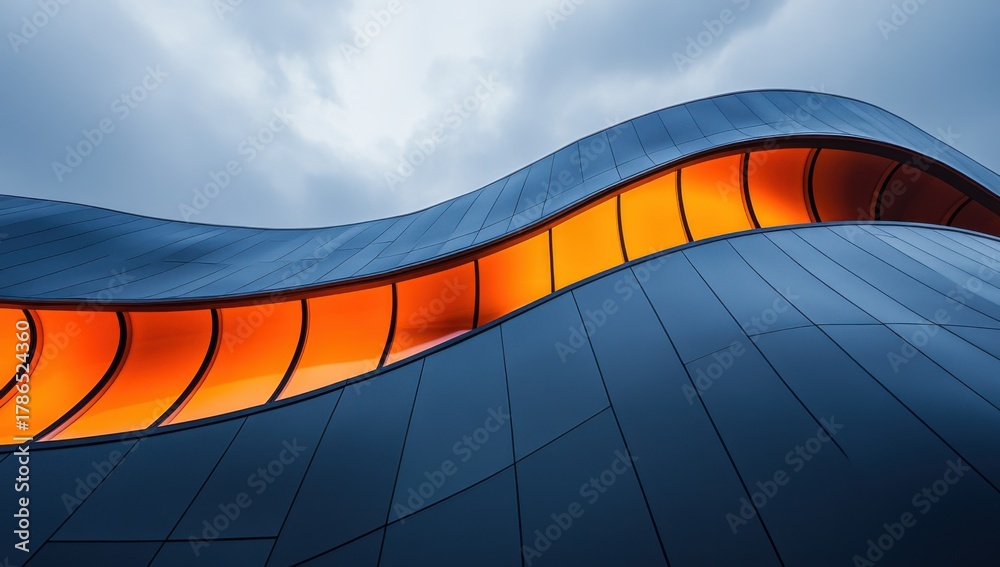 Obraz premium A creative architectural solution. A streamlined façade with a continuous horizontal window, glowing orange against a cloudy sky.A creative architectural solution. A streamlined façade with a continuo