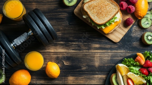 Fototapeta Naklejka Na Ścianę i Meble -  A healthy lifestyle composition with a sandwich, weights, and fruits on a wooden surface.