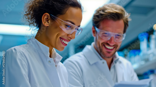 Scientists lab research smiling glasses white coats collaboration happy teamwork chemistry science lab