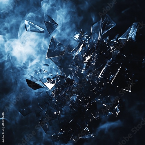 Exploding glass shards in dark blue smoke, abstract concept
