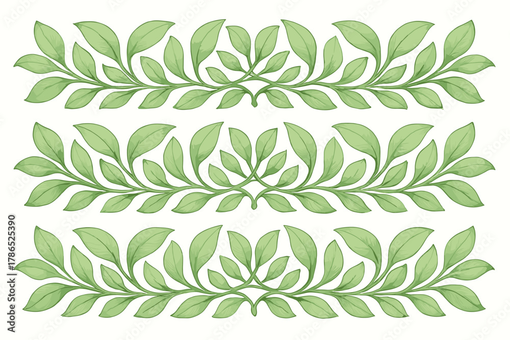 Fototapeta premium Horizontal ornament leaves design pattern soft ornamental green bands vector leafband illustration