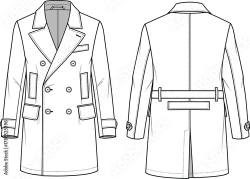 Classic double-breasted trench coat technical flat sketch with front and back views, tailored outerwear design showing structure, buttons, pockets, and seams.