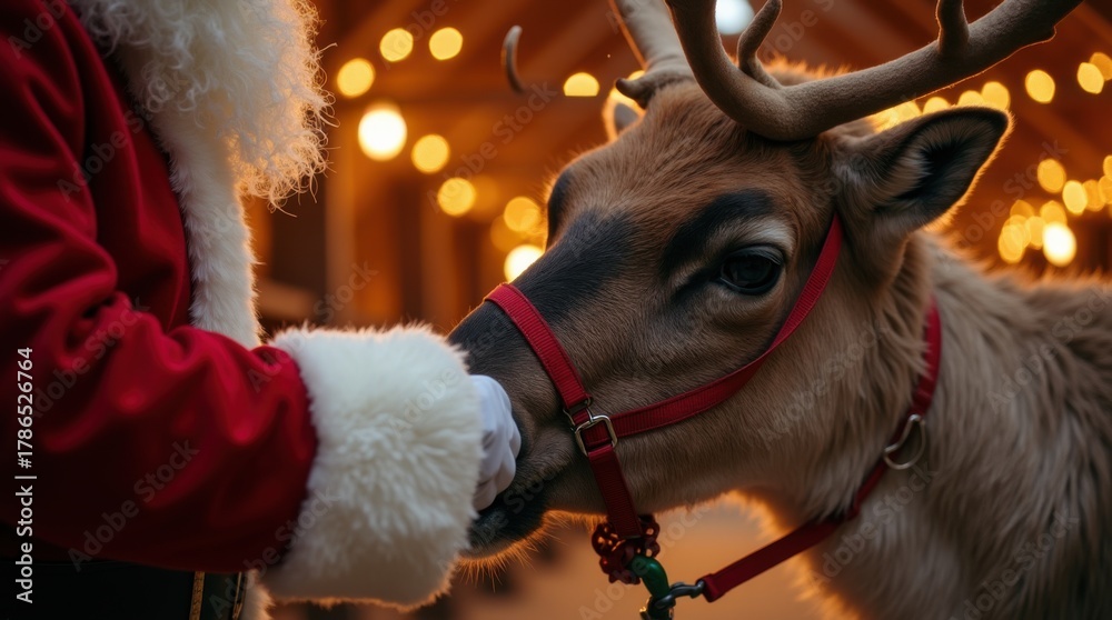 Obraz premium Santa's glove adjusting reindeer harness amid twinkling lights barn stable