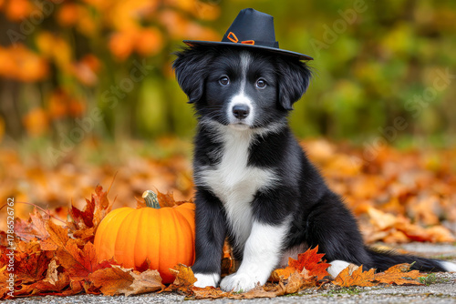 Adorable puppy dressed as a witch sits by a pumpkin amid vibrant autumn leaves in a charming outdoor setting
