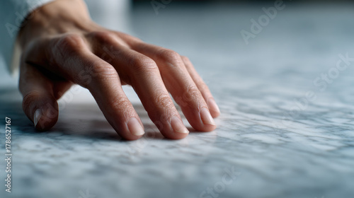 Close-up hand touching smooth marble — sensory simplicity, sophistication, pure minimal style