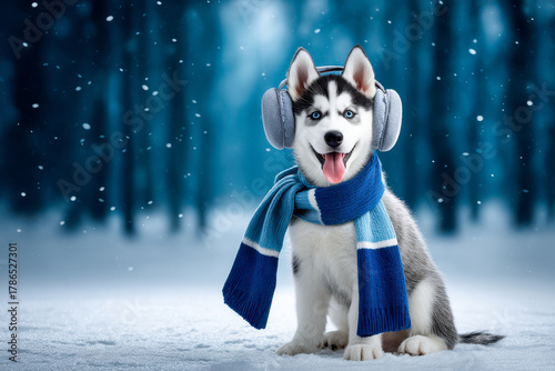 Charming husky wearing headphones enjoys a winter day in a snowy forest setting while embracing the joy of the season