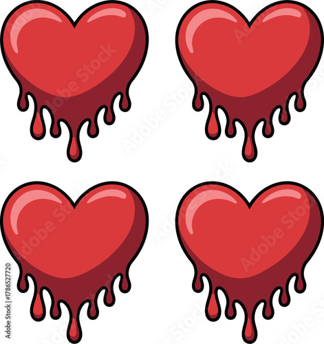 Four dripping red hearts are isolated on a white background