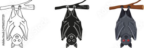 Collection of cartoon bats hanging upside down on a tree branch, including outline, silhouette, and colored versions, isolated for various designs