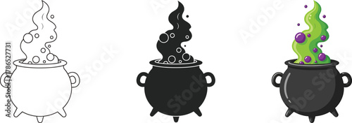 Witch's cauldron with magic potion boiling, isolated vector illustration set in outline, silhouette, and colorful cartoon styles.