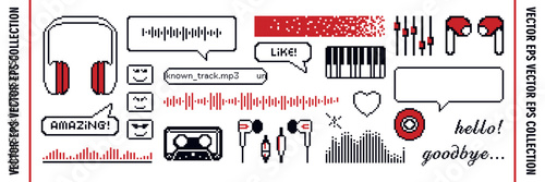 Set of pixel music art icons with sticker emojis and Y2K elements. Podcast sound elements in retro 8bit design.