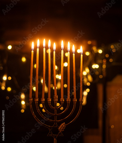 Hanukkah Menorah with Burning Candles and Warm Lights