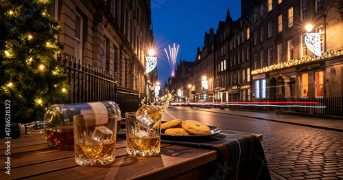 People singing auld cozy festive street scene with whisky glasses splashing on tartan table, bottle, Christmas lights. fireworks in distance, Scottish Hogmanay mood, warmth celebration nostalgia